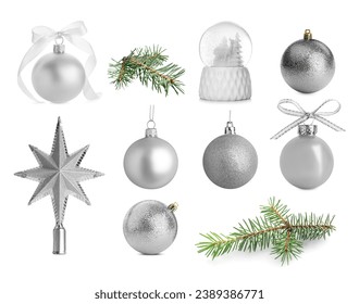 Collection of Christmas stuff isolated on white. Baubles, fir tree branches and snow globe - Powered by Shutterstock