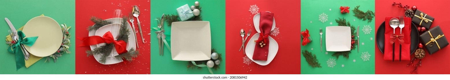 Collection Of Christmas Table Settings On Color Background