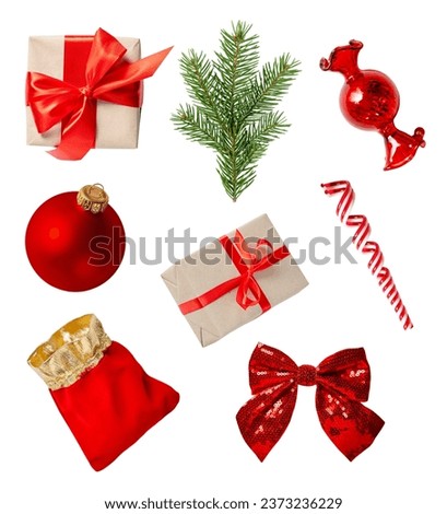 Collection of Christmas tree toys ball, bow, bag, lollipop, fir tree, gifts, candy on a white background