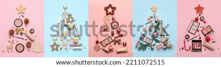 Collection of Christmas trees made of makeup cosmetics and decor on color background