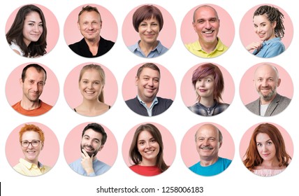 Collection of circle avatar of people. Young and senior men and women faces on pink color. Positive human emotion. Concept of divercity and individuality in modern community. - Powered by Shutterstock