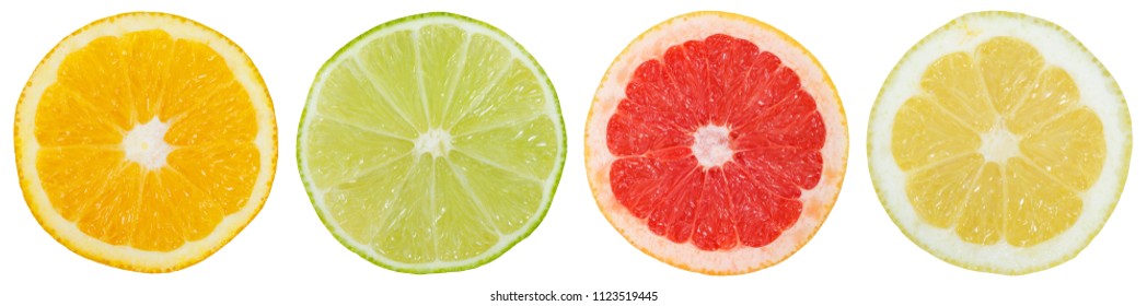Collection of citrus fruits in a row orange lemon slices sliced isolated on a white background - Shutterstock ID 1123519445