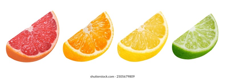 Collection of citrus slices on isolated white background. Lime, orange, lemon and grapefruit