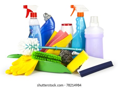 Collection of cleaning products and tools on white background - Powered by Shutterstock