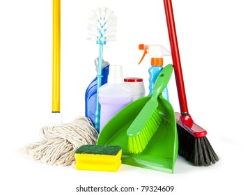 Collection of cleaning products and tools on white background - Powered by Shutterstock