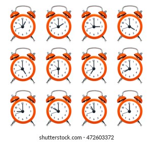 Collection Of Clock From 1 To 12 Oclock Isolated On White Background. Showing Each Hour Of The Day