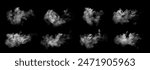 Collection of close-up shots of abstract white steam or smoke. White cloudiness from moisture spray Isolated on a black background.