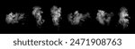 Collection of close-up shots of abstract white steam or smoke. White cloudiness from moisture spray Isolated on a black background.