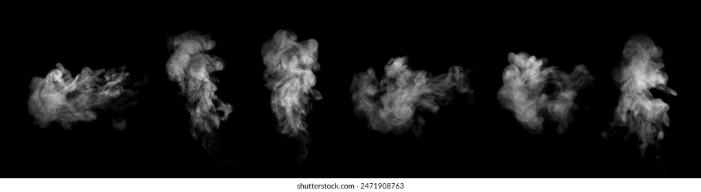 Colección de primeros planos de vapor blanco abstracto o humo. Nubosidad blanca por el aerosol de humedad Aislado sobre un fondo negro.