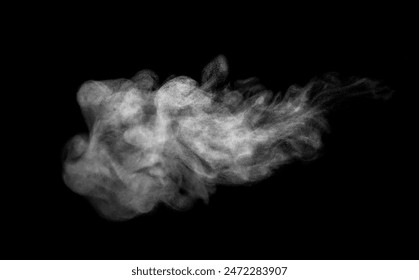 Collection of close-up shots of abstract white steam or smoke. White cloudiness from moisture spray Isolated on a black background.