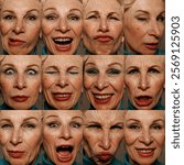 Collection of close-ups of elderly woman showcasing array of dramatic facial expressions. From winks to wide-mouthed laughter. Concept of human emotions, natural beauty, age. Ad