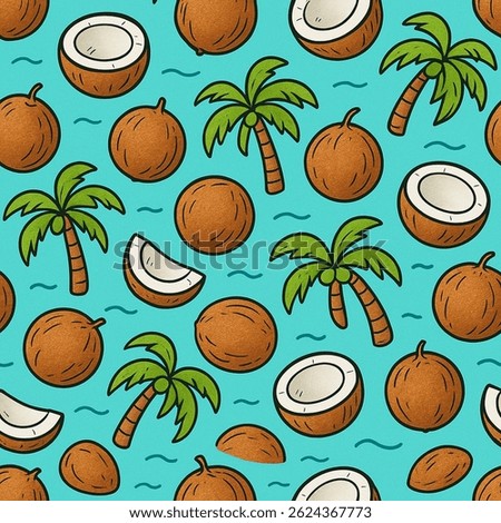 Collection of coconut border patterns, coconut, seamless, doodle sketch, sea water background. Cute colorful illustration set for packaging, cover, label and textile design.