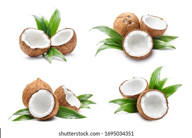 Collection of coconuts with leaves, isolated on white background