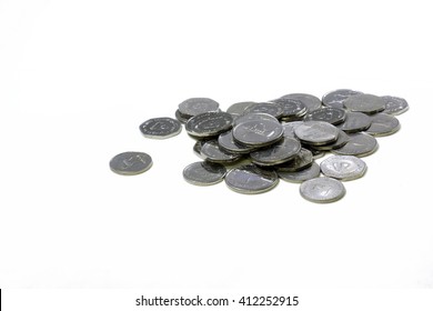 Collection Of Coins, Group Of UAE Dirham Coins Or AED Coins, With Clear White Background. 