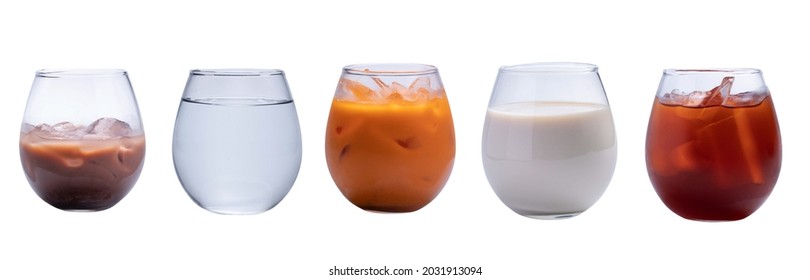 Collection Of Cold Drinks In Clear Glass, Coffee, Tea, Milk, Red Juice On White Background.