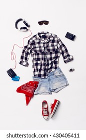 Collection Collage Of Women's Clothing And Accessories. Overhead Of Essentials Young Woman. Outfit Of Casual And Teenage Girl, Red Shoes.