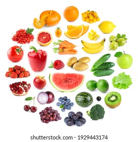 Collection Of Color Fruits And Vegetables On White Background. Fresh Food. Collage