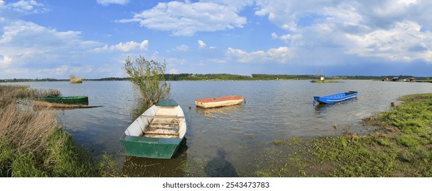 A collection of colorful boats is anchored in a calm lake surrounded by greenery. The afternoon light enhances the tranquil atmosphere under a partly cloudy sky. - Powered by Shutterstock