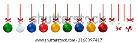 A collection of colourful Christmas Bauble decorations in Matte and Glitter hanging from red ribbon bows with each design element isolated against a white background.