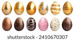 Collection of colourful hand painted decorated easter eggs on white background cutout file. Gold and chocolate set. Many different design. Mockup template for artwork design