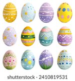 Collection of colourful hand painted decorated easter eggs on white background cutout file. Pattern and graphic set. Many different design. Mockup template for artwork design