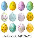 Collection of colourful hand painted decorated easter eggs, white background cutout file. Dots and splatter set. Many different design. Mockup template for artwork design