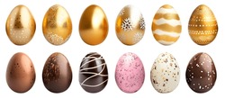 Collection Of Colourful Hand Painted Decorated Easter Eggs On White Background Cutout File. Gold And Chocolate Set. Many Different Design. Mockup Template For Artwork Design