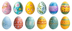 Collection Of Colourful Hand Painted Decorated Easter Eggs On White Background Cutout File. Pattern And Floral Set. Many Different Design. Mockup Template For Artwork Design