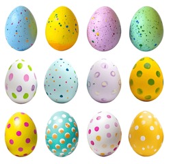 Collection Of Colourful Hand Painted Decorated Easter Eggs, White Background Cutout File. Dots And Splatter Set. Many Different Design. Mockup Template For Artwork Design