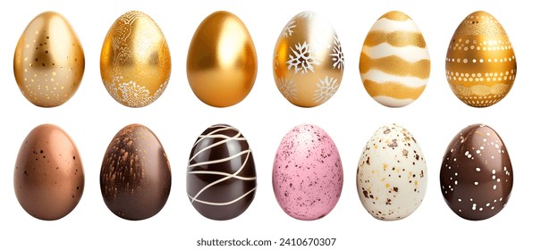 Colección de coloridos huevos de Pascua pintados a mano en el archivo de corte de fondo blanco. Juego de oro y chocolate. Muchos diseños diferentes. Plantilla de combinación para diseño de trabajo artístico
