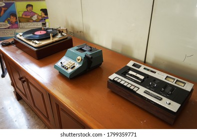 collection of communication tools and cassette tapes in the library room of the Bank Mandiri at Jalan Darmo, Surabaya, east java, indonesia (surabaya, september 9 2019)                           