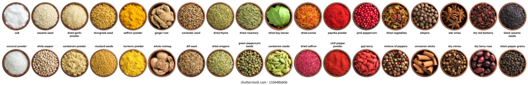collection of condiments and herbs isolated on white background. Various spices, top view - Shutterstock ID 1106486606