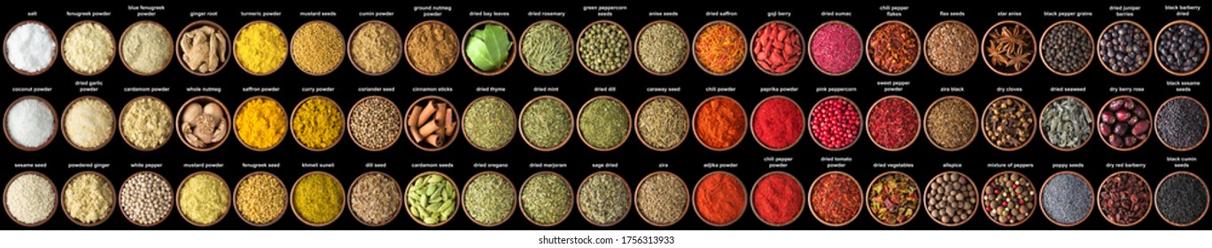 collection of condiments and herbs isolated on black background. Various spices, top view - Powered by Shutterstock