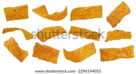 Collection of corn chips isolated on white background. Delicious nachos snack, flat lay, close up texture. Creative concept, top view.