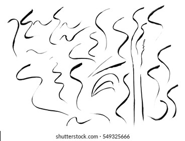 Collection Of Cosmetic Black Eyeliner Thin Brush Stroke Samples, Isolated On White Background