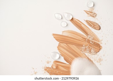 Collection of cosmetic cream isolated on white background. Skincare foam smudge. Cosmetic BB makeup swatch. Drop of liquid skin care oil. Skin tone CC cream tear shape
