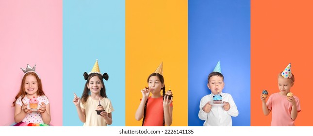 Collection of cute children with tasty Birthday cupcakes on color background - Powered by Shutterstock