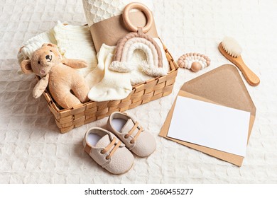 Collection Of Cute Organic  Baby Clothes, Shoes, Toys And Blanket. Heartwarming Present For Cold Weather Of Fall And Winter Season. Newborn Gifts For Christmas And Baby Shower, Donation Idea