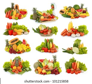 collection of delicious fresh fruits and vegetables isolated on white background