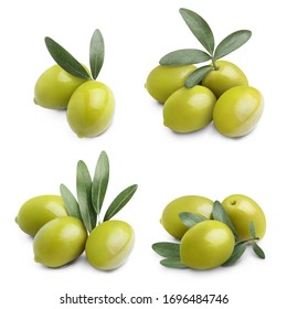 Collection of delicious green olives with leaves, isolated on white background