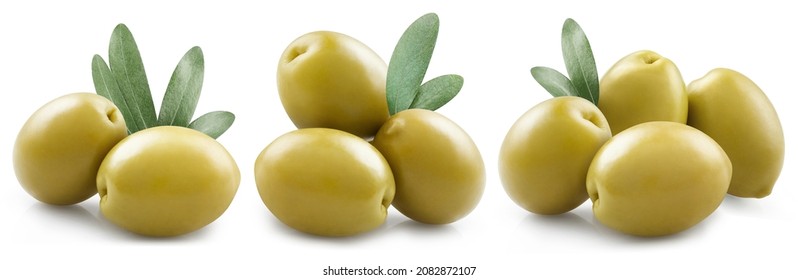 Collection of delicious green olives with leaves, isolated on white background - Powered by Shutterstock