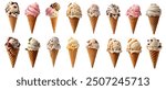 collection of delicious ice cream in waffle cone, isolated on transparent background cutout - png - different flavors mockup for design - image compositing footage - alpha channel