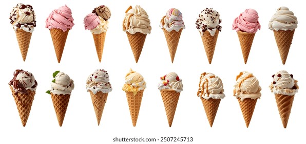 collection of delicious ice cream in waffle cone, isolated on transparent background cutout - png - different flavors mockup for design - image compositing footage - alpha channel - Powered by Shutterstock