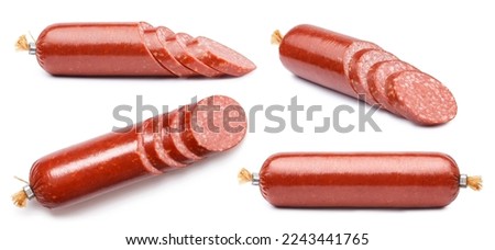 Collection of delicious salami smoked sausages, isolated on white background