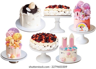 Collection of different birhday colorful cakes isolated on white background. PNG format. Collage for confectionary poster