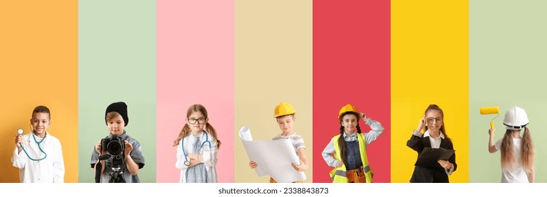 Collection of different children dreaming about their future professions on color background - Shutterstock ID 2338843873