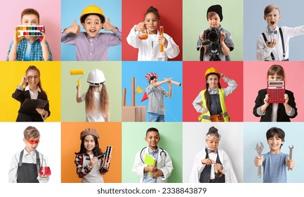 Collection of different children dreaming about their future professions on color background - Shutterstock ID 2338843879