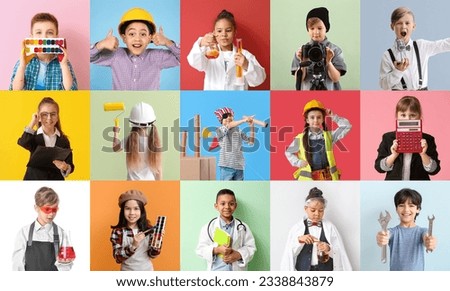 Collection of different children dreaming about their future professions on color background