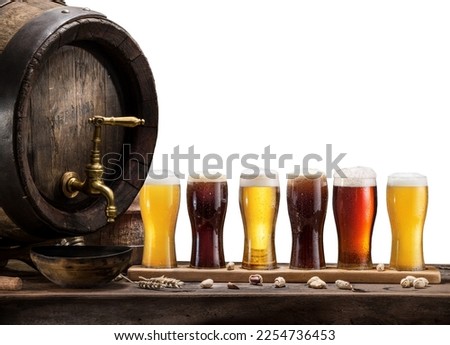 Collection of different chilled beer, beer cask isolated on white background. 
