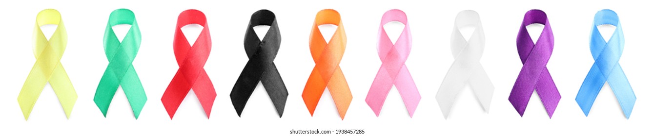 Collection of different color ribbons on white background, banner design. World Cancer Day - Shutterstock ID 1938457285